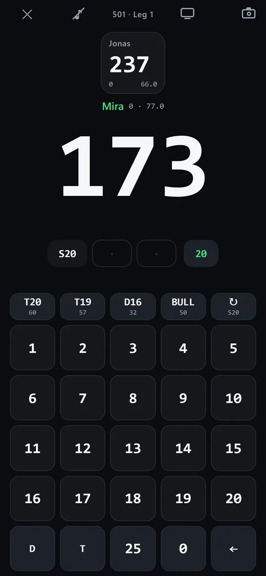 Dartile in a match: score, remaining points and the tile keypad.